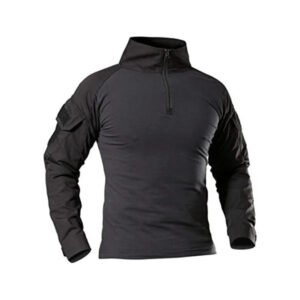 Polera táctica Combat Shirt estilo militar manga larga en color negro, con bolsillos en las mangas y ajuste personalizable.