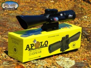 Mira Telescópica Apolo 3.5-10x40 con láser integrado y retículo M8, fabricada en aluminio de alta resistencia, compatible con rieles Picatinny y Weaver.