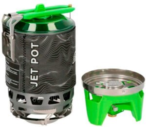 Set de cocinilla compacta con olla de ebullición rápida, ideal para excursiones y camping. Eficiencia y seguridad en un diseño portátil.