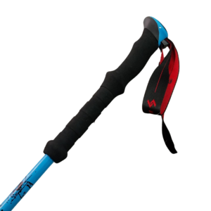 Bastones de senderismo K-Star en colores amarillo, rojo, café y celeste, con diseño ajustable de tres tramos, ideales para trekking y caminatas al aire libre.