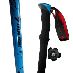 Bastones de senderismo K-Star en colores amarillo, rojo, café y celeste, con diseño ajustable de tres tramos, ideales para trekking y caminatas al aire libre.